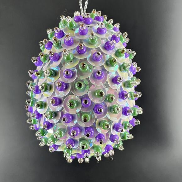 Lot of 6 Vintage Handmade Pin Push Beaded Sequin Christmas Egg Ornaments+ 2 - Picture 8 of 10